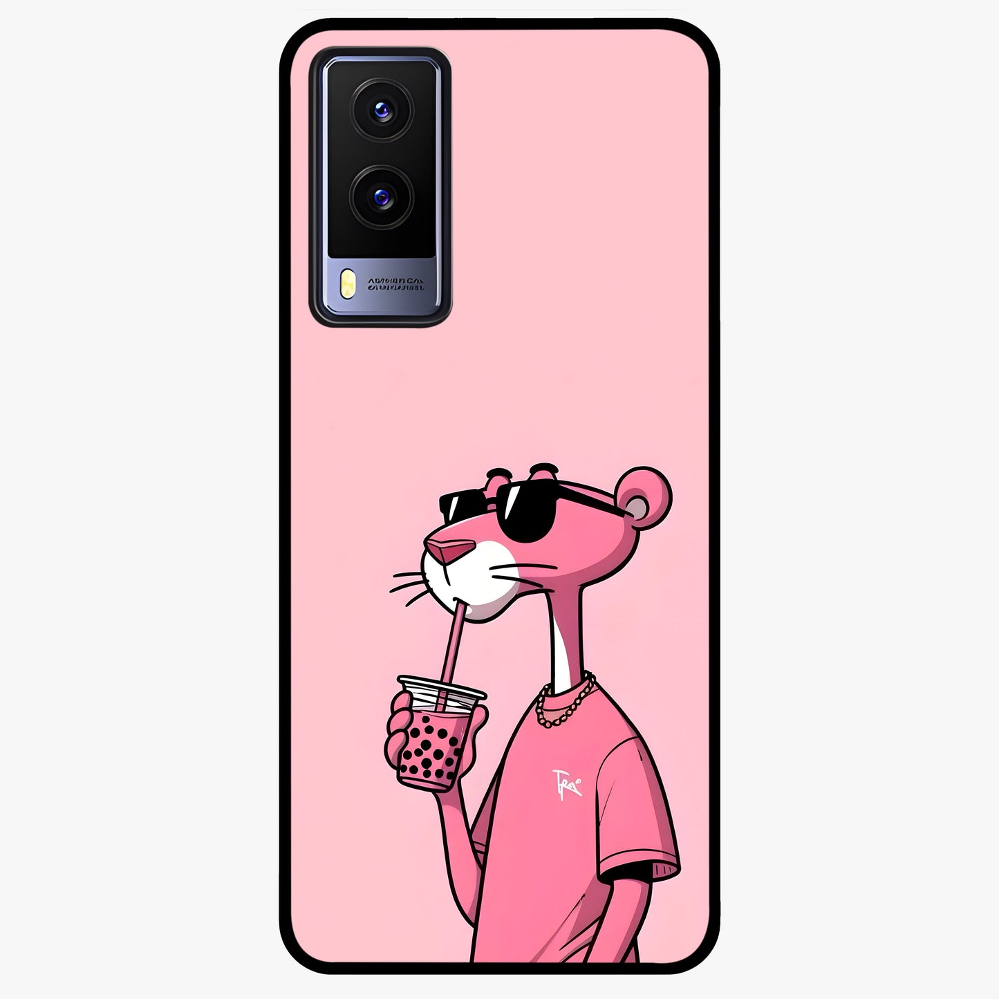 Pink Panther Glass Case showing flat back view with iconic pink panther artwork and glossy glass finish.