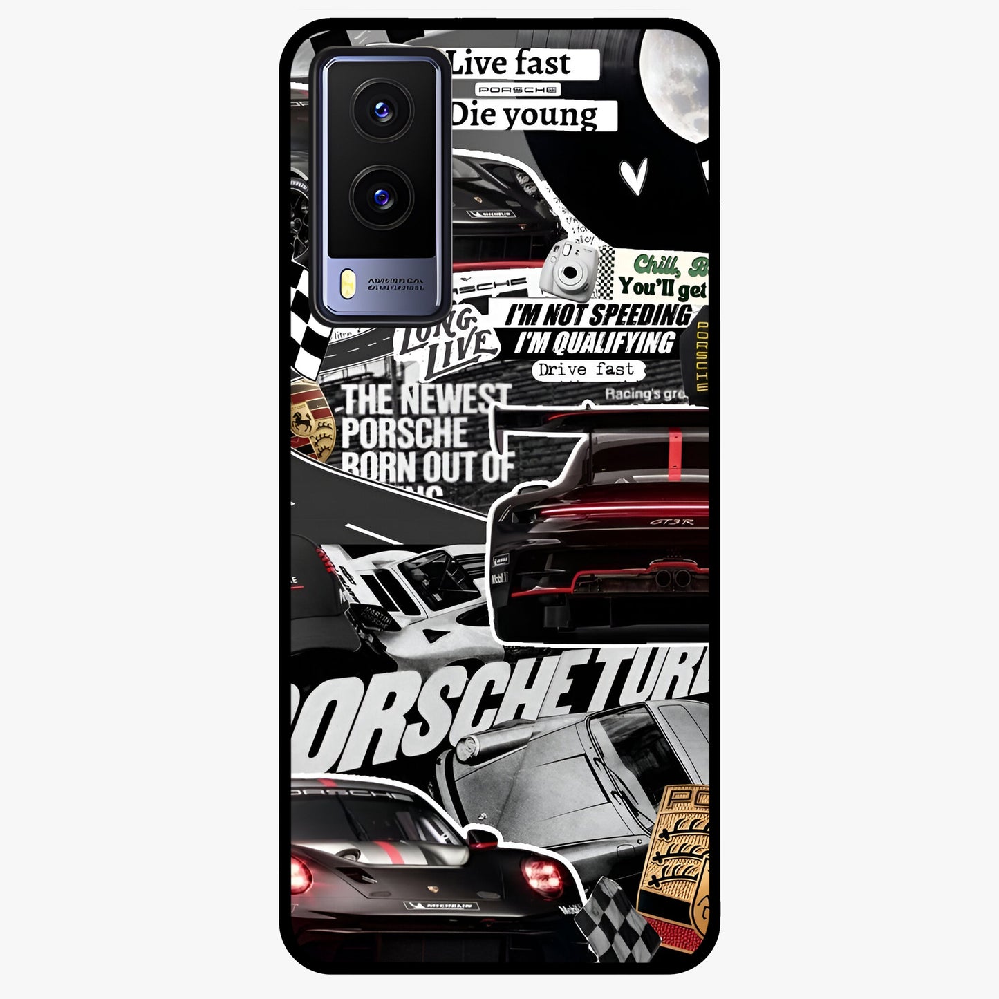 Porsche Racing Collage Glass Case showing flat back view with sports car racing collage artwork and glossy glass finish.
