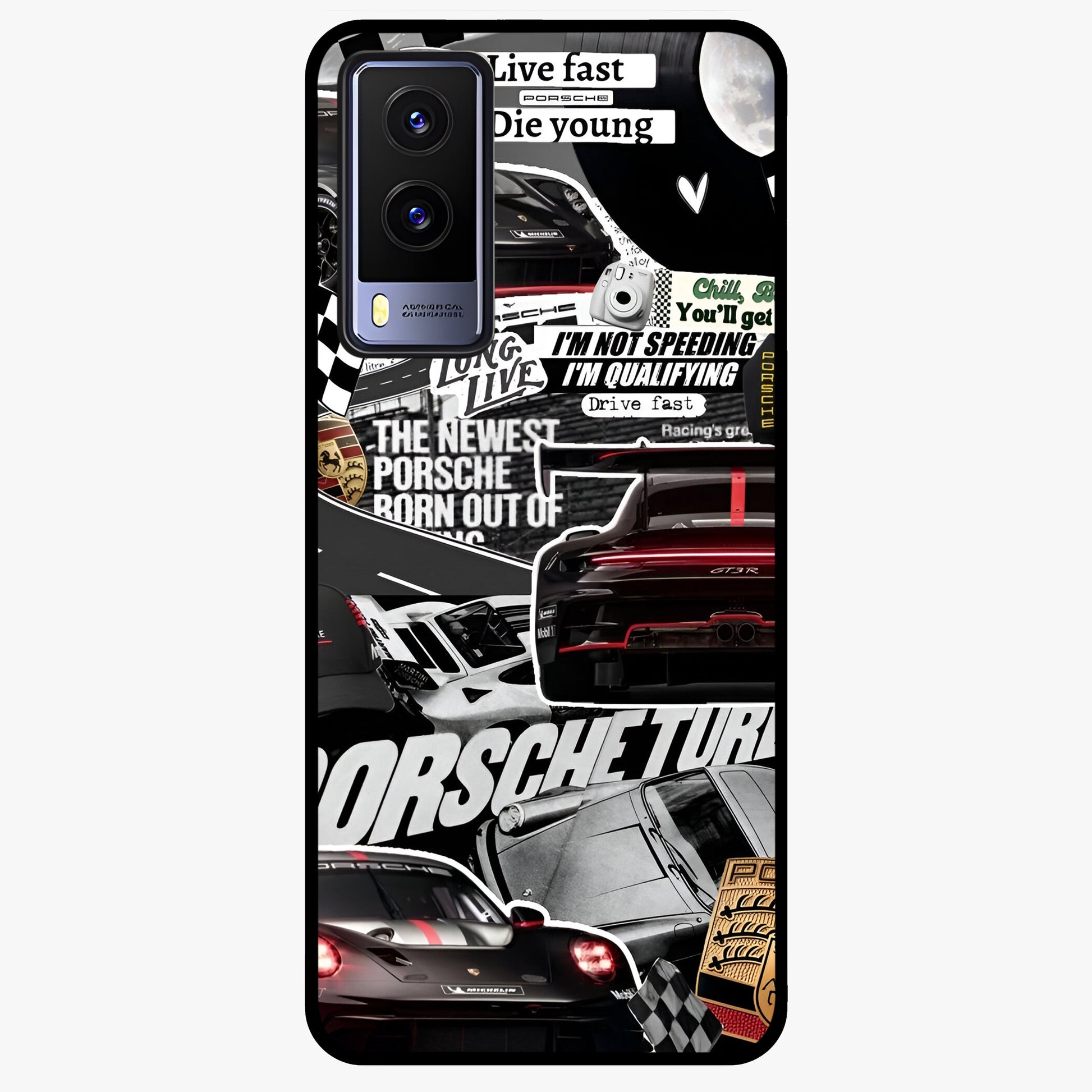 Porsche Racing Collage Glass Case showing flat back view with sports car racing collage artwork and glossy glass finish.
