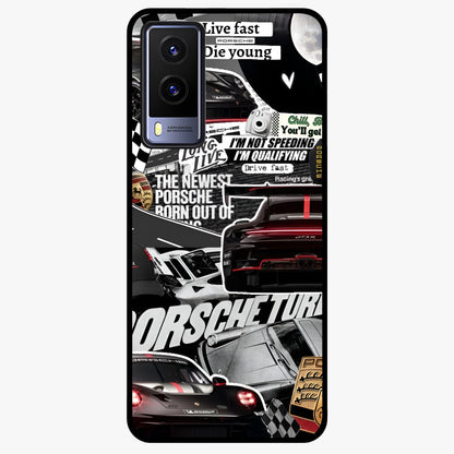 Porsche Racing Collage Glass Case showing flat back view with sports car racing collage artwork and glossy glass finish.