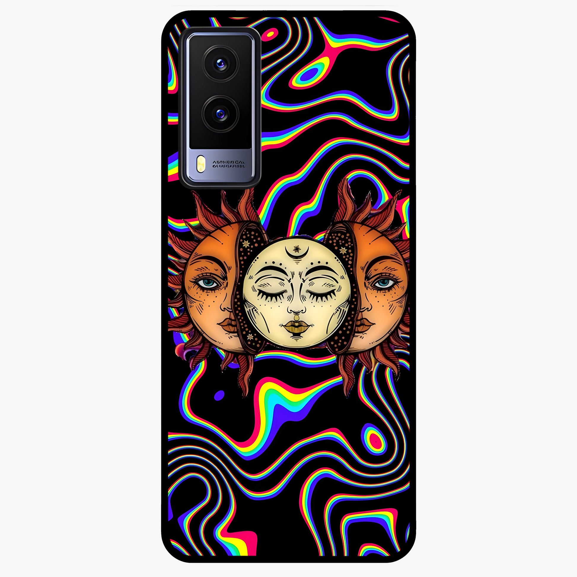 Psychedelic Sun Glass Case showing flat back view with colorful psychedelic sun artwork and glossy glass finish.
