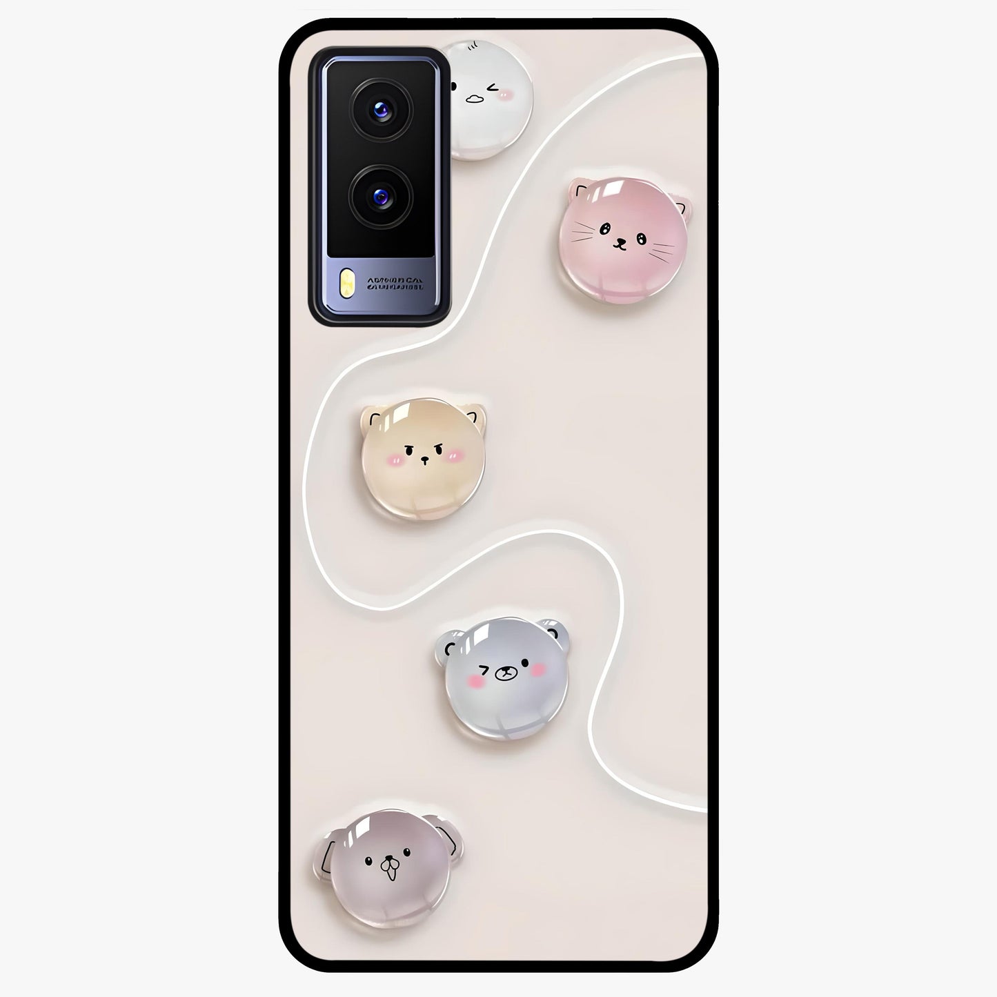 Puffy Face Parade Glass Case showing flat back view with cute puffy character faces artwork and glossy glass finish.