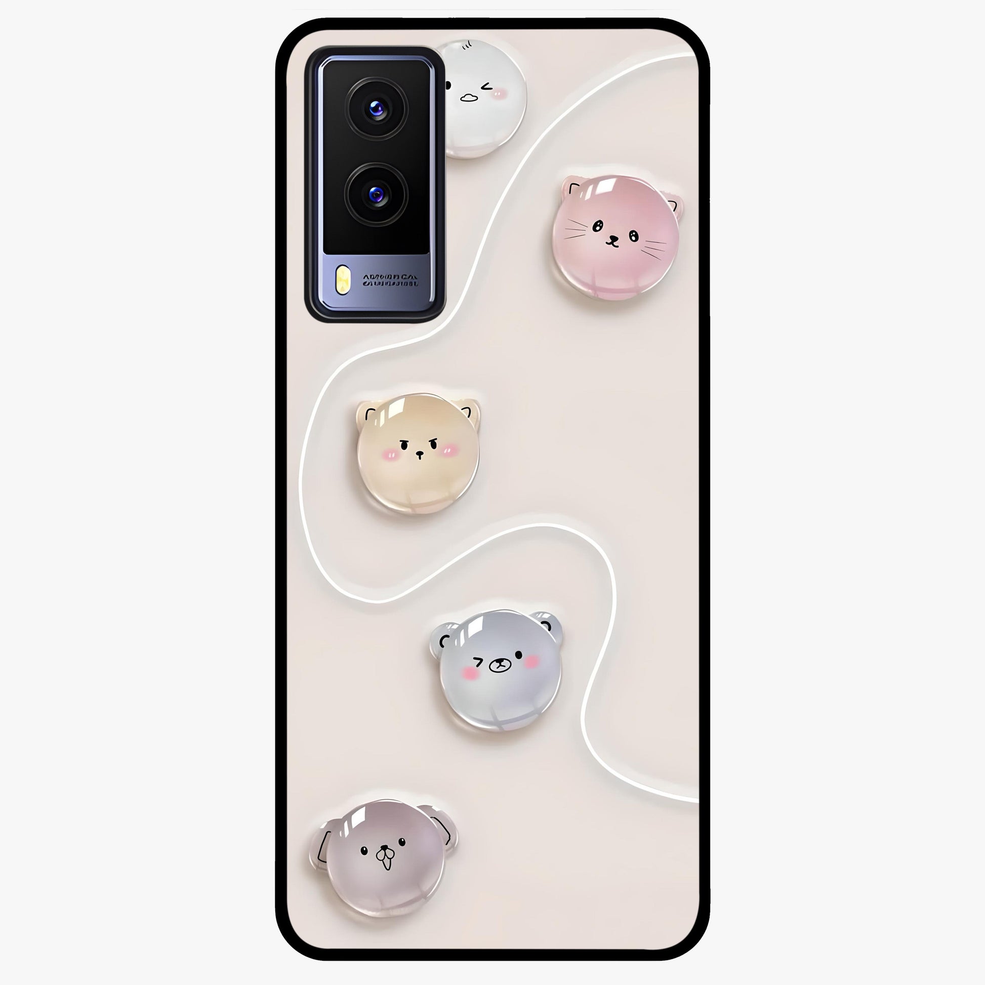 Puffy Face Parade Glass Case showing flat back view with cute puffy character faces artwork and glossy glass finish.