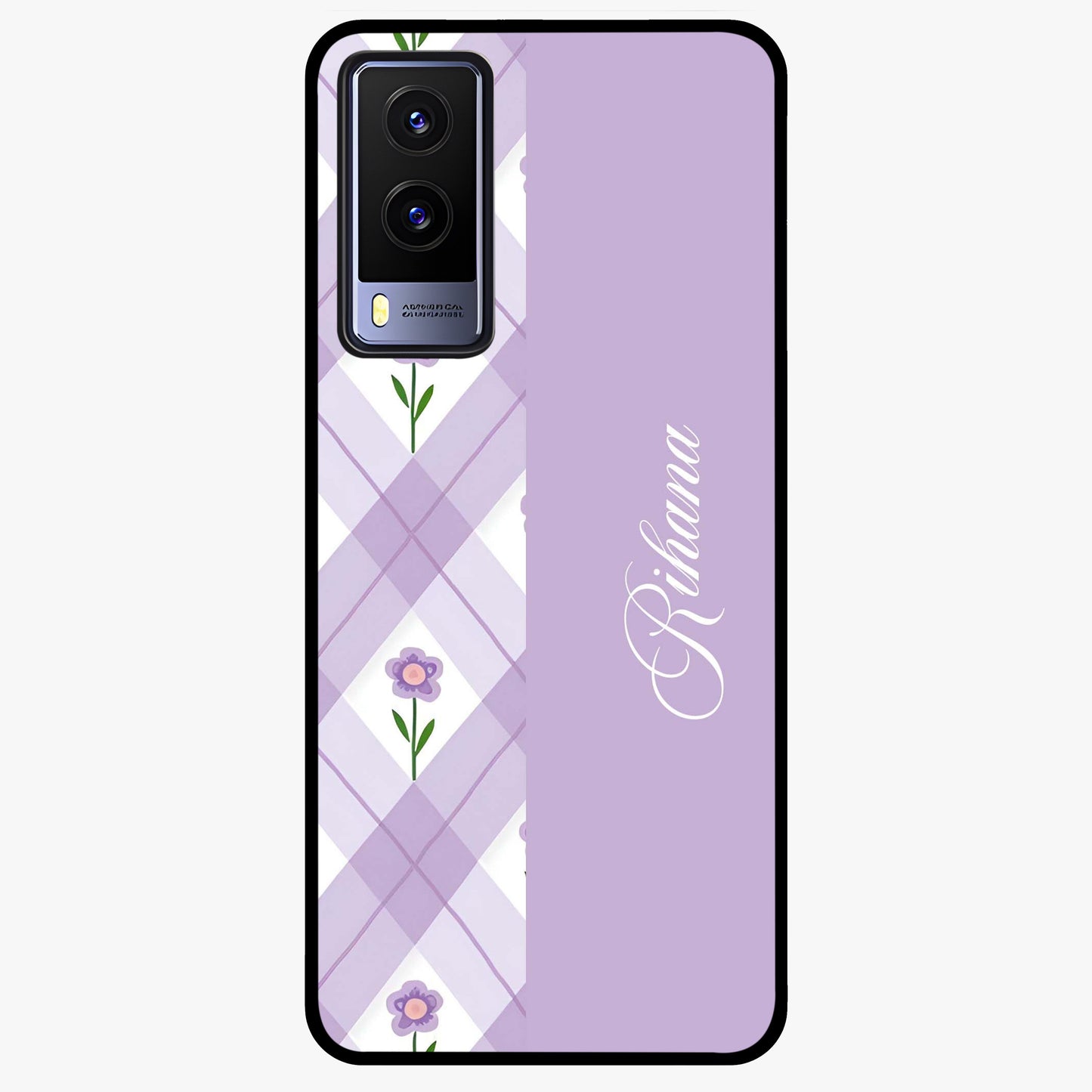 Purple Diamond Floral Glass Case showing flat back view with diamond shaped floral artwork and glossy glass finish.