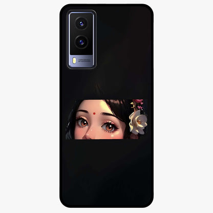 Radha Divine Embrace Glass Case showing flat back view with devotional Radha artwork and glossy glass finish.