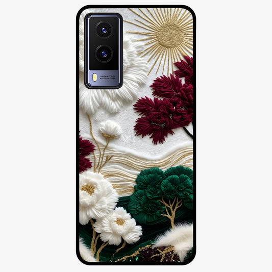 Radiant Bloom Elegance Glass Case showing flat back view with elegant blooming flower artwork and glossy glass finish.