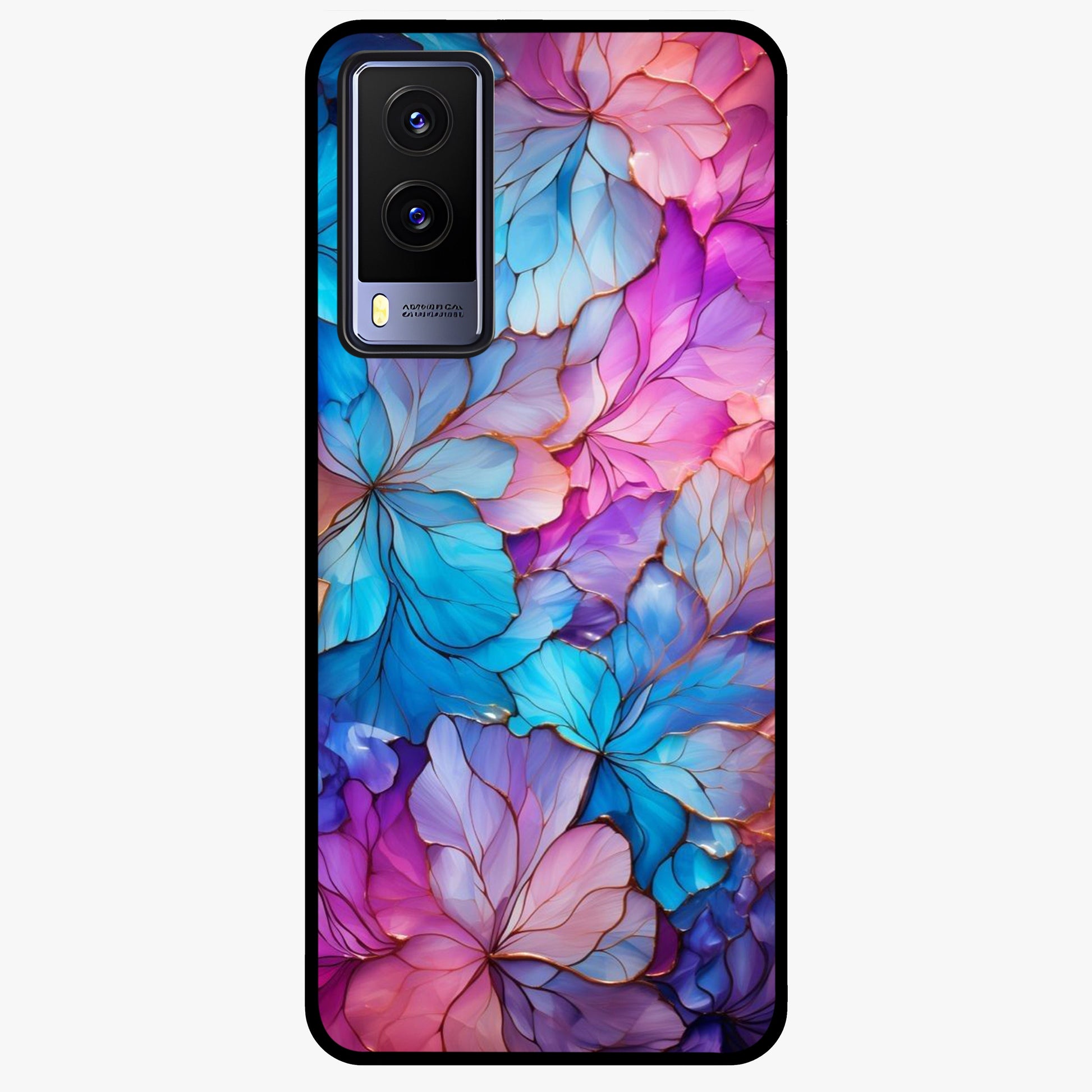 Radiant Floral Whirl Glass Case showing flat back view with swirling floral artwork and glossy glass finish.