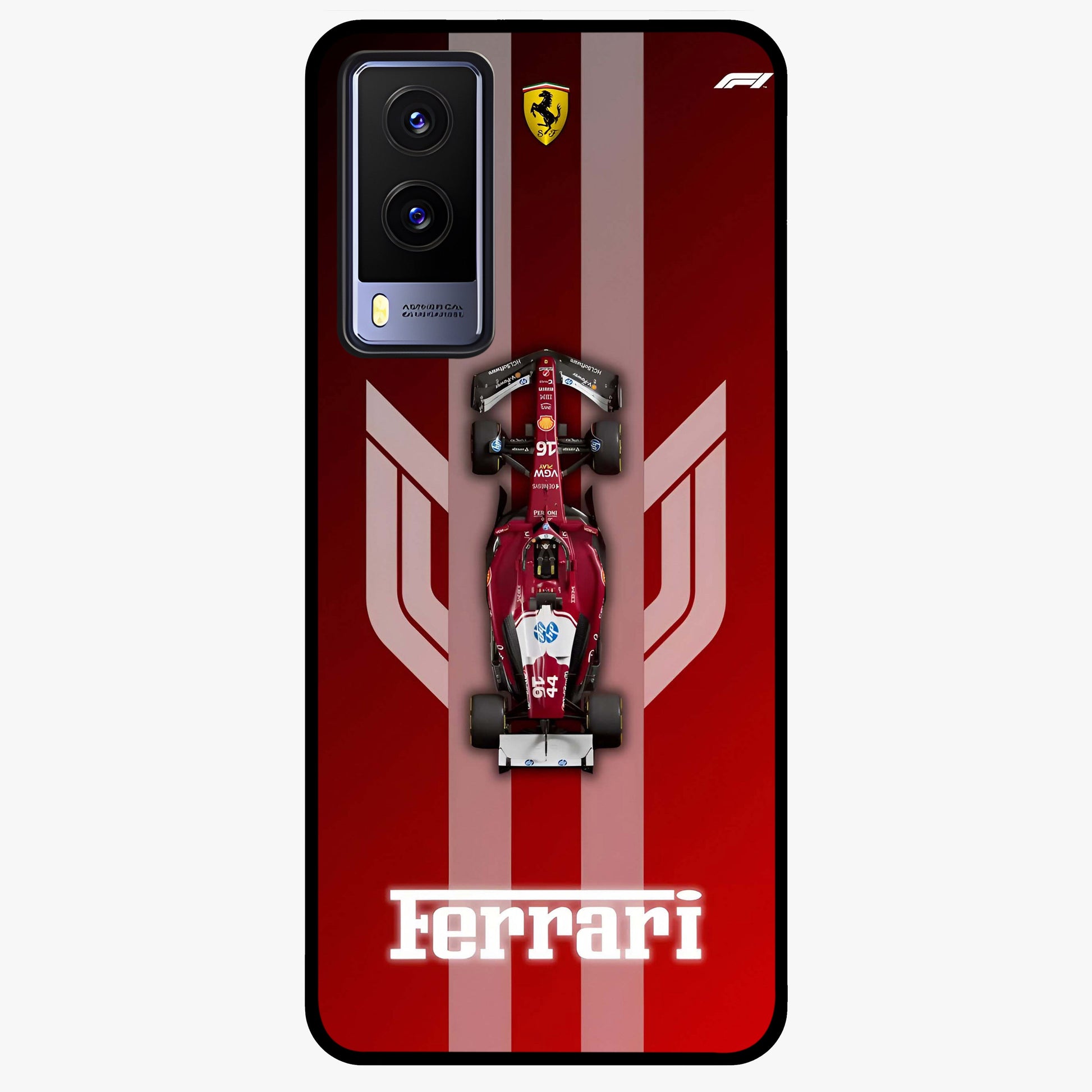 Red Ferrari F1 Vertical Glass Case showing flat back view with sleek Formula racing car artwork and glossy glass finish.