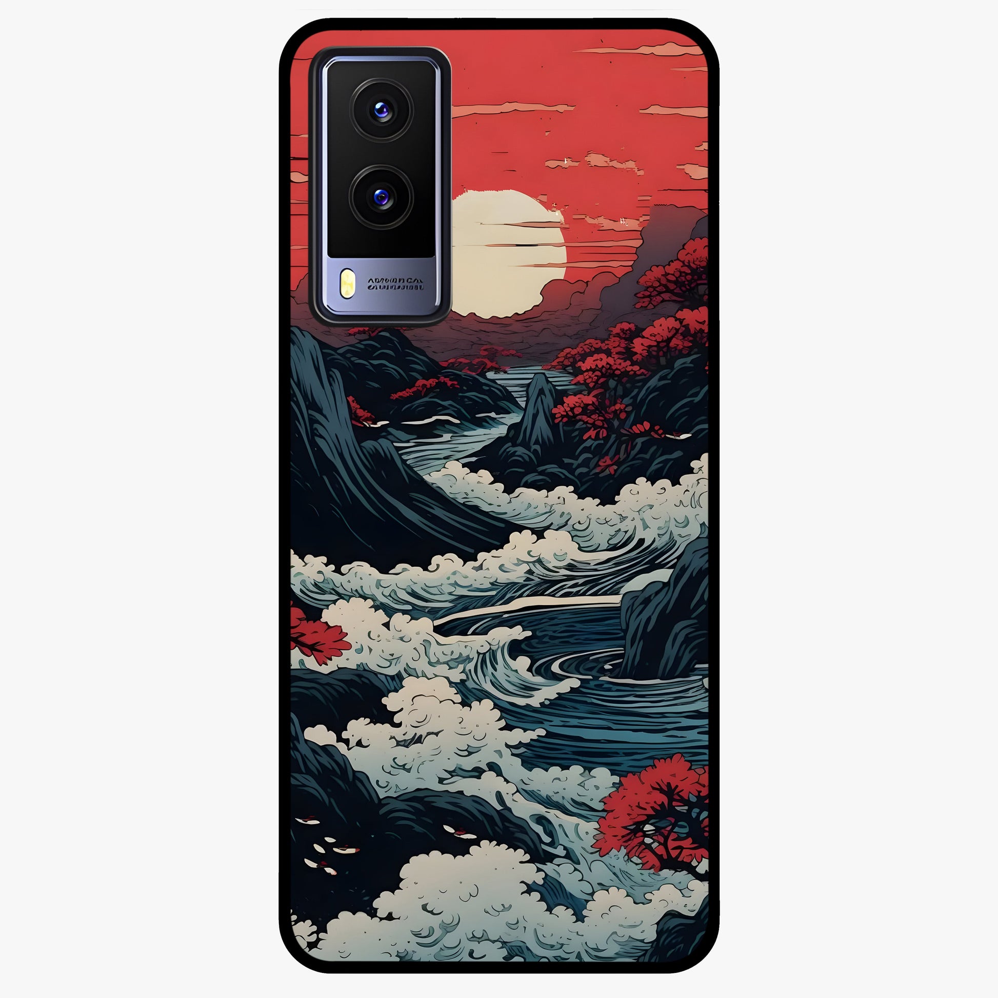Red Sunset Scenery Glass Case showing flat back view with vibrant sunset landscape artwork and glossy glass finish.