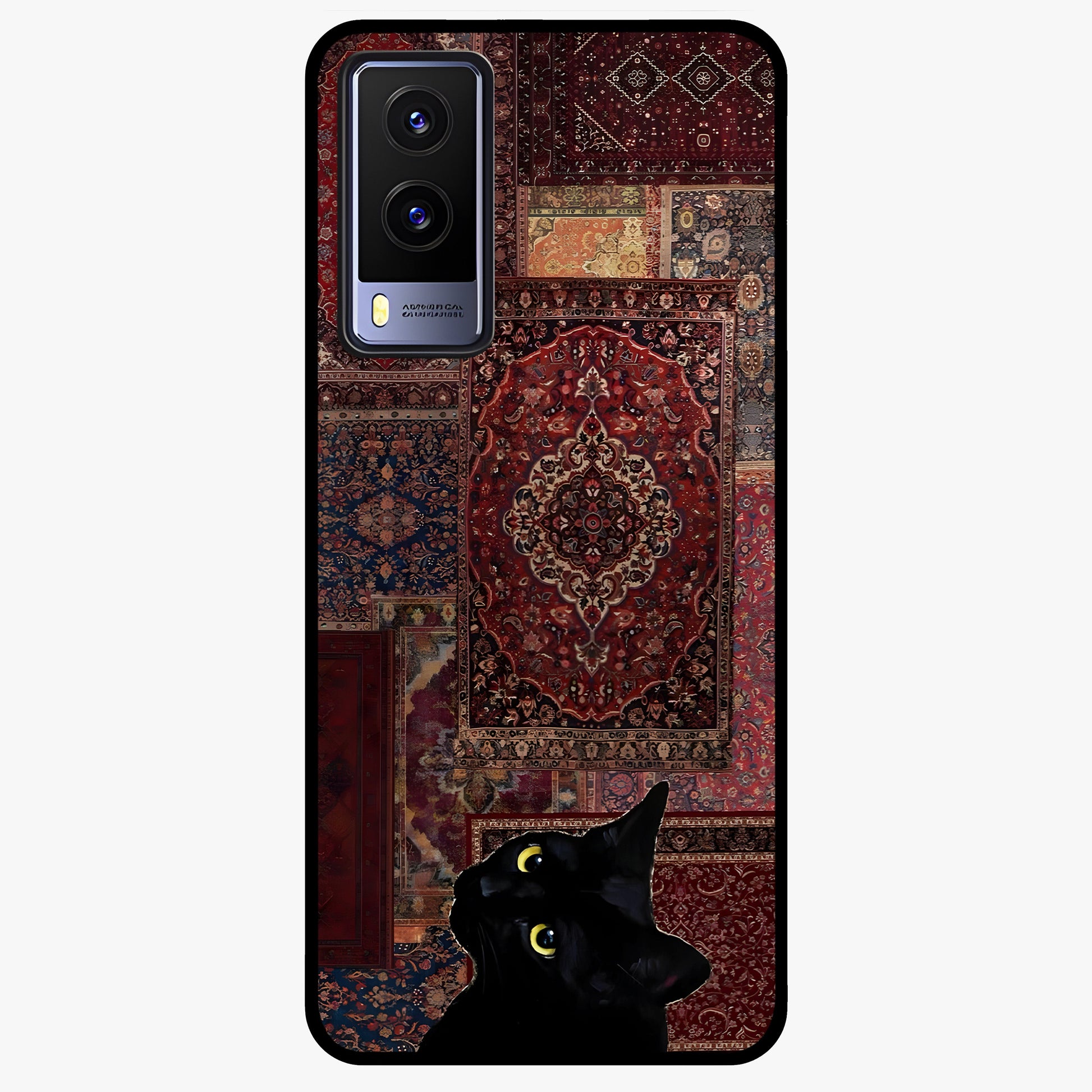 Regal Magic Cat Apple Glass Case showing flat back view with magical cat artwork holding apple and glossy glass finish.