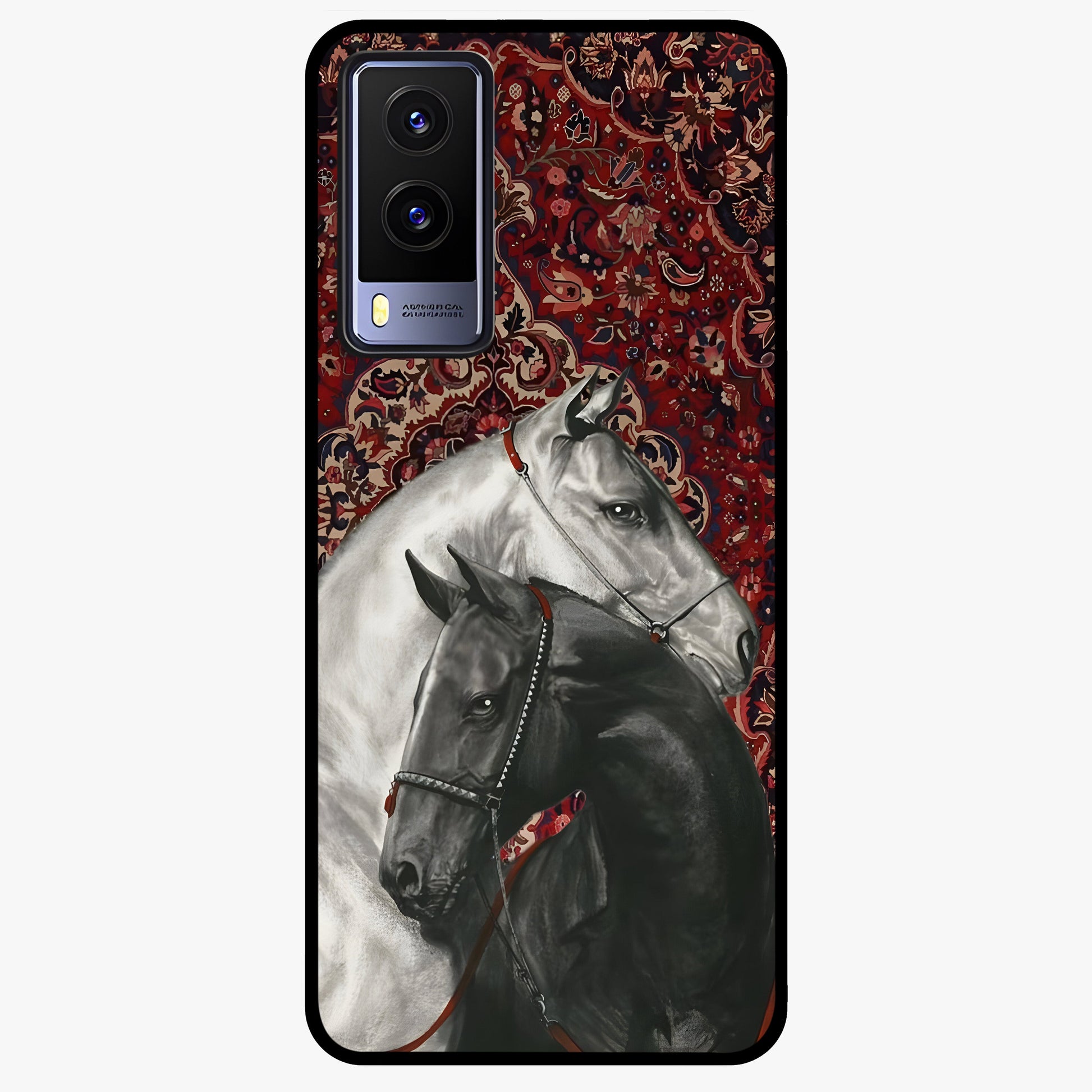 Regal Stallion Tapestry Glass Case showing flat back view with majestic horse tapestry artwork and glossy glass finish.