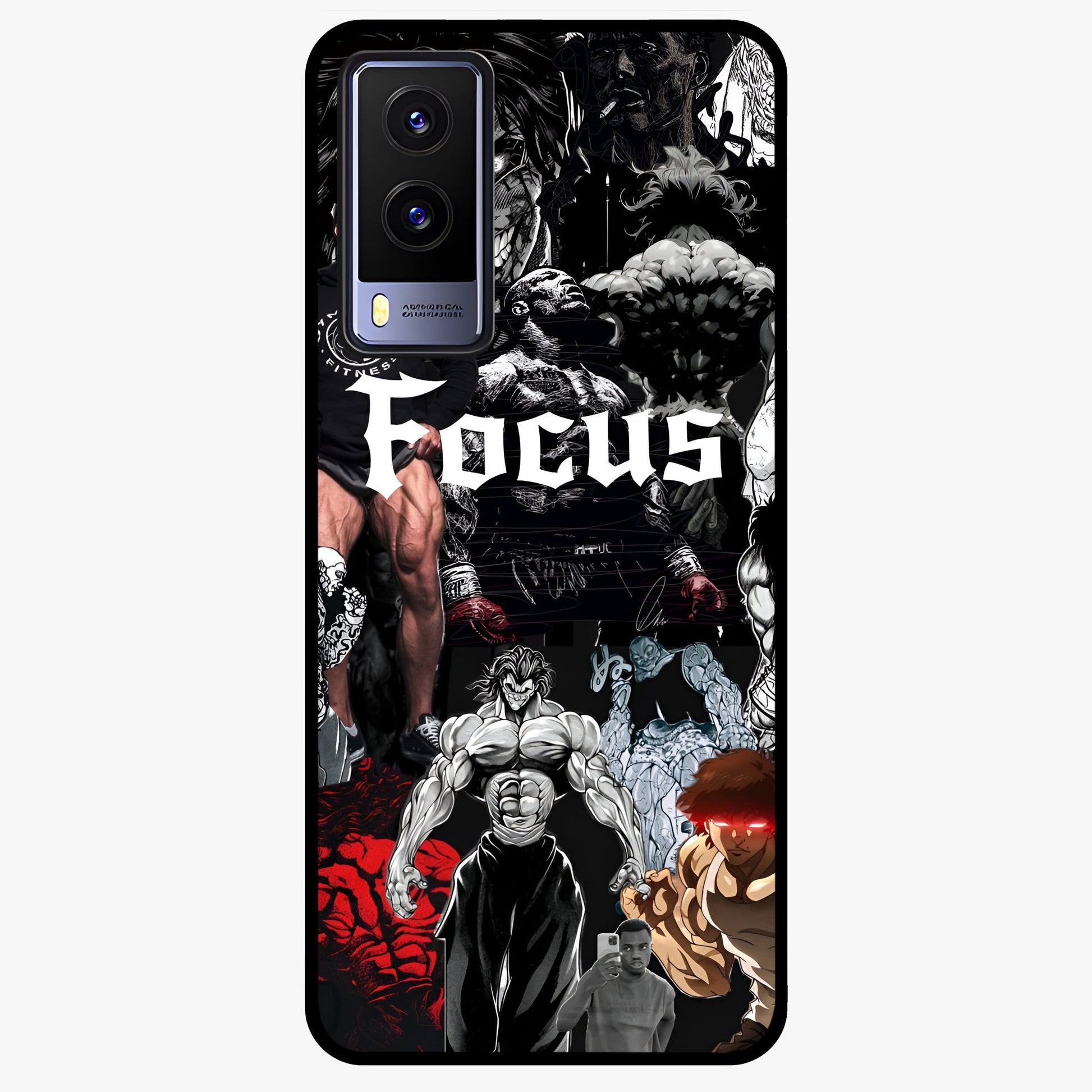 Relentless Power Focus Glass Case showing flat back view with motivational typography artwork and glossy glass finish.