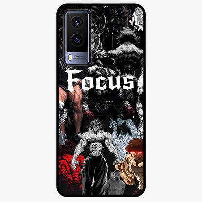 Relentless Power Focus Glass Case showing flat back view with motivational typography artwork and glossy glass finish.