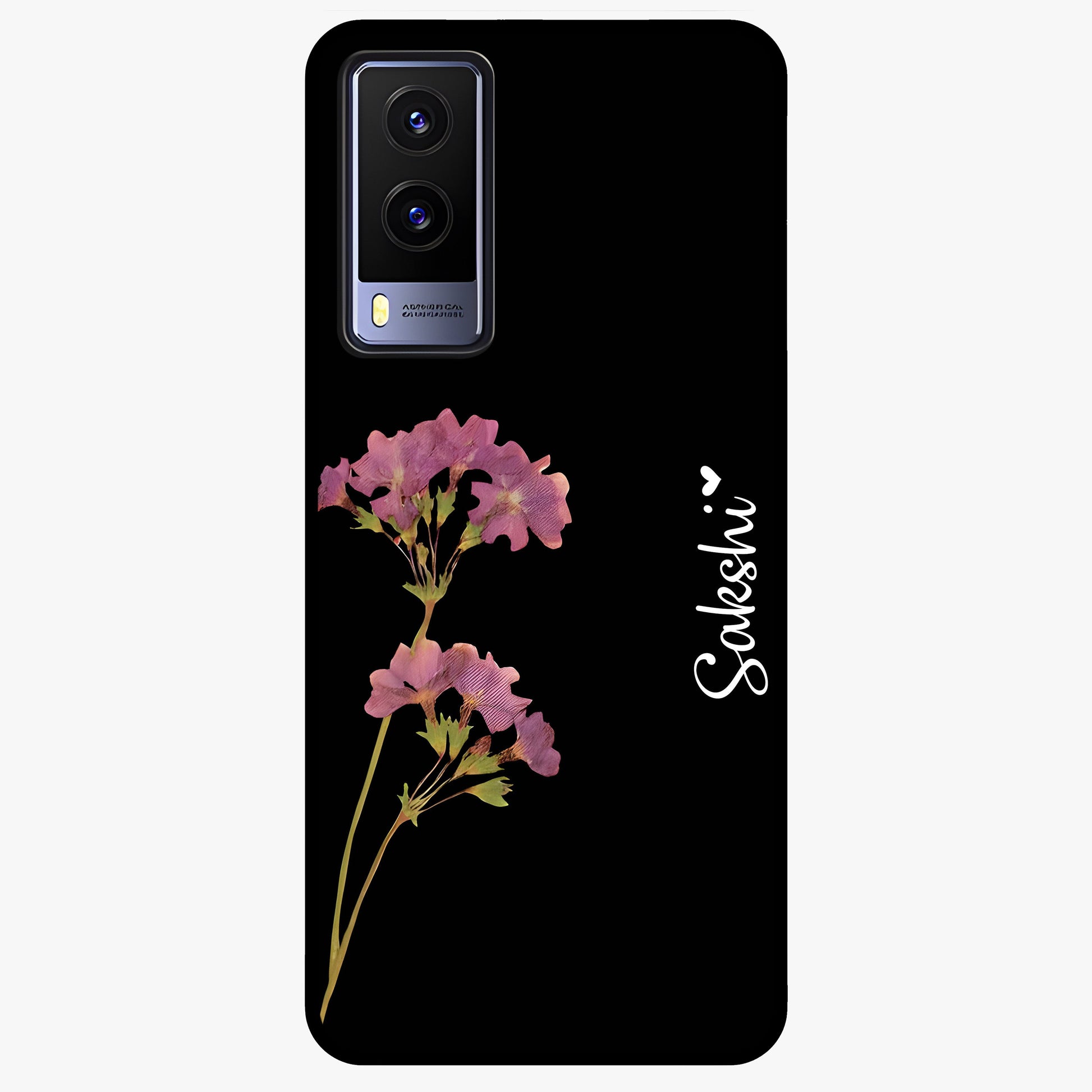 Riching Lavender Flower Custom Name Glass Case showing flat back view with lavender floral artwork and personalized name design.