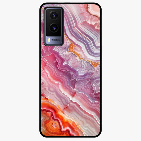 Rose Quartz Marble Glass Case showing flat back view with pink marble quartz texture artwork and glossy glass finish.