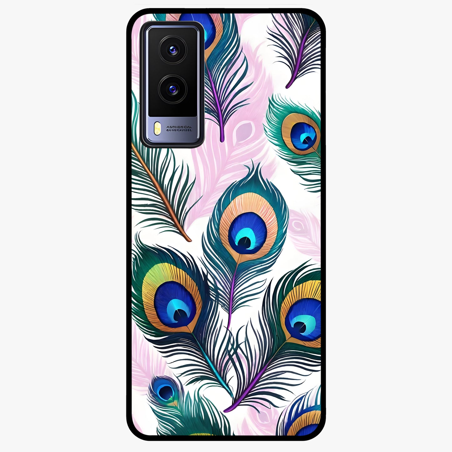 Royal Peacock Feathers Glass Case showing flat back view with colorful peacock feather artwork and glossy glass finish.