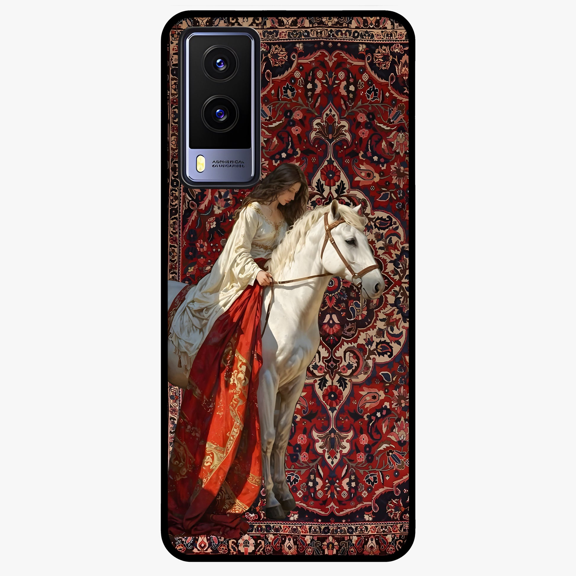 Royal Rider Tapestry Glass Case showing flat back view with majestic horse rider tapestry artwork and glossy glass finish.