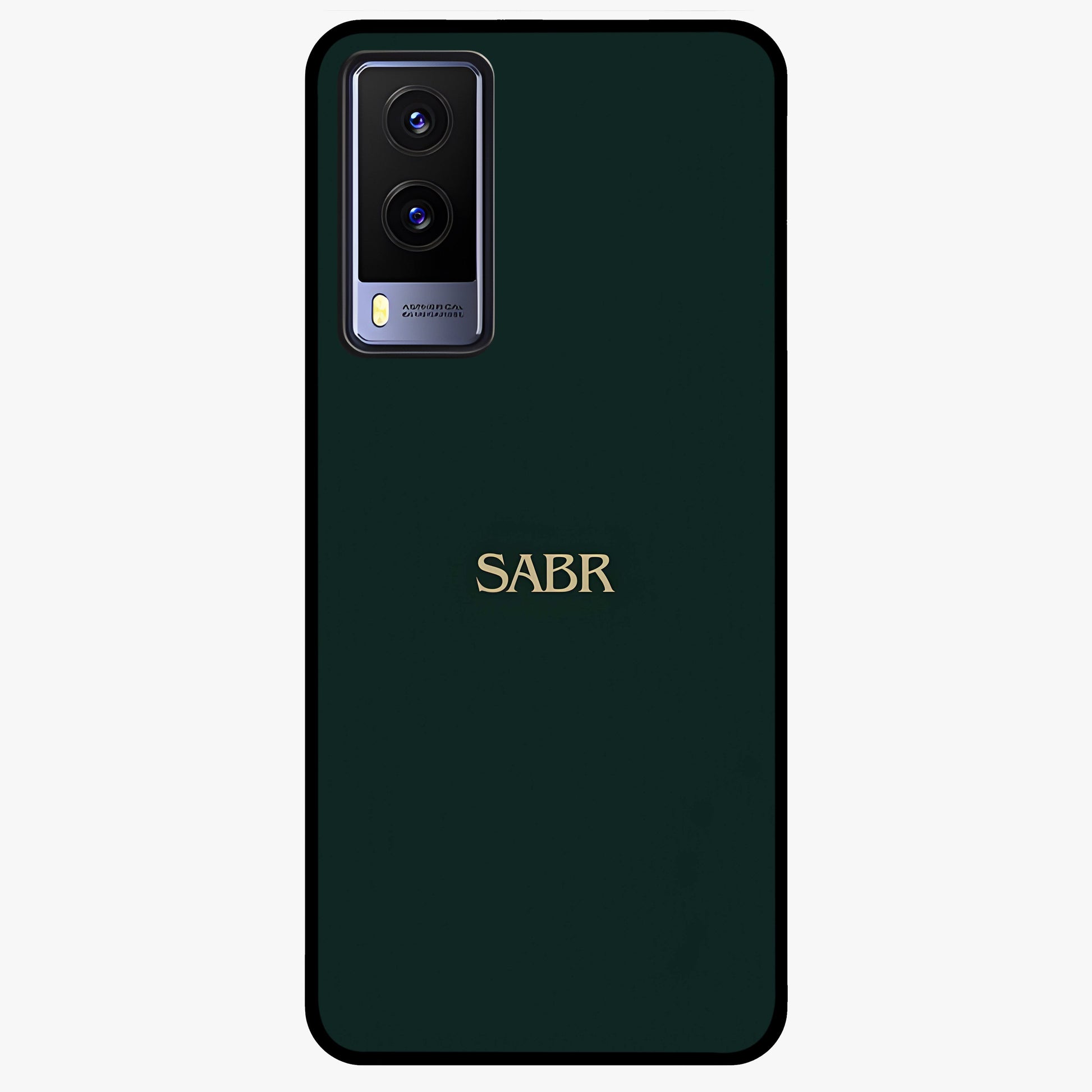 Sabr Minimal Patience Glass Case showing flat back view with minimalist typography artwork and glossy glass finish.