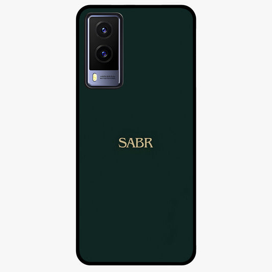 Sabr Minimal Patience Glass Case showing flat back view with minimalist typography artwork and glossy glass finish.