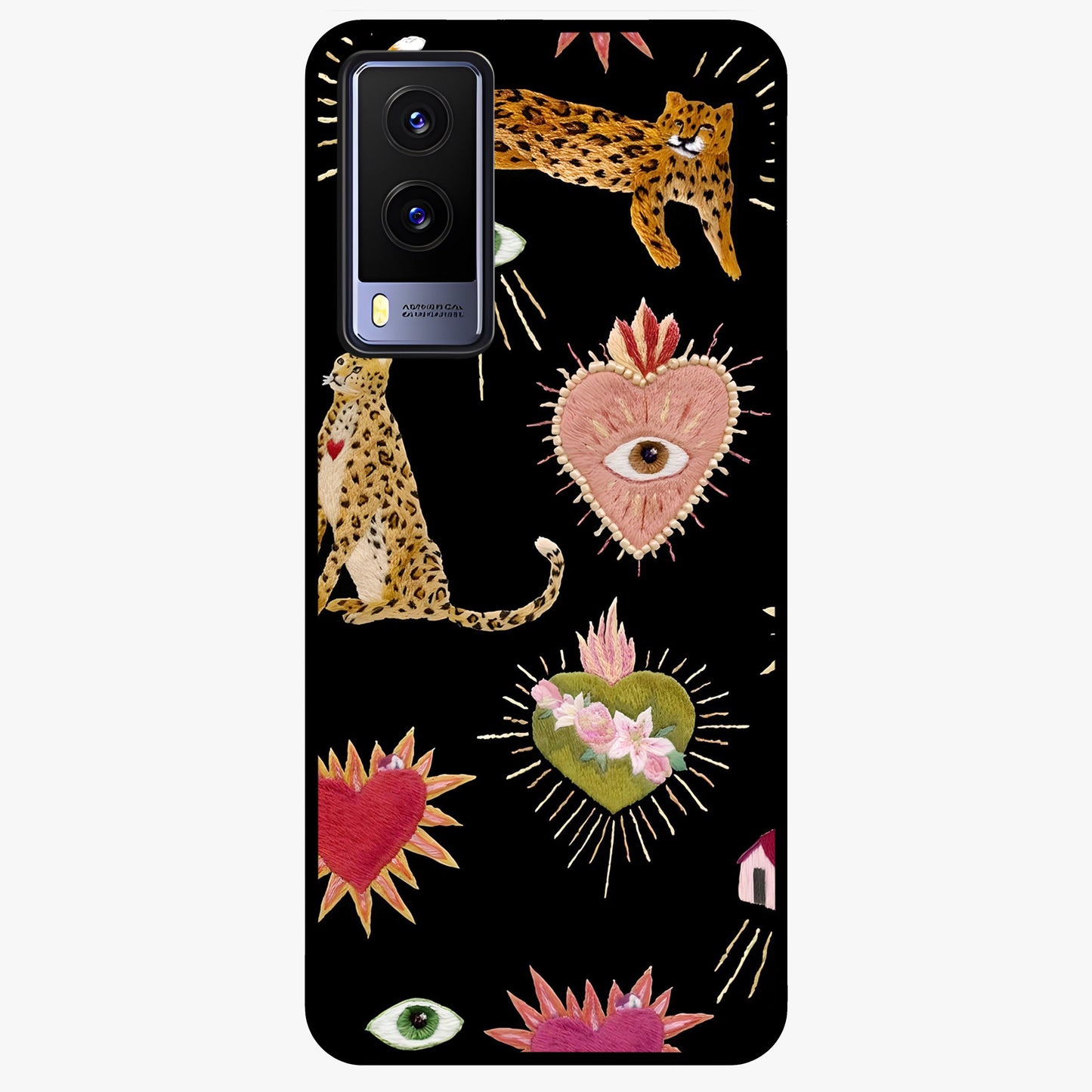 Sacred Jungle Heart Glass Case showing flat back view with jungle inspired heart artwork and glossy glass finish.