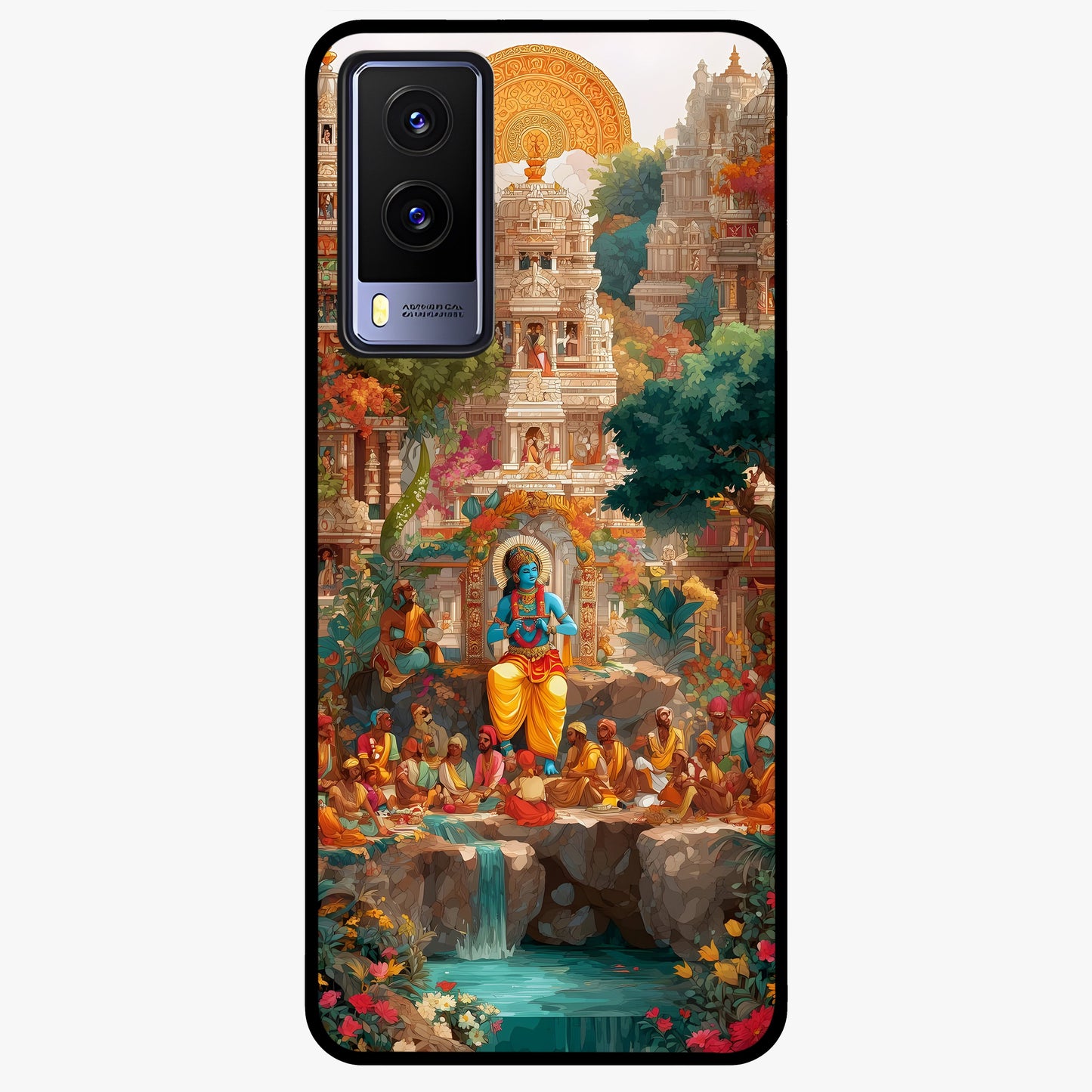 Sacred Sunlight Gods Glass Case showing flat back view with divine sunlight themed artwork and glossy glass finish.