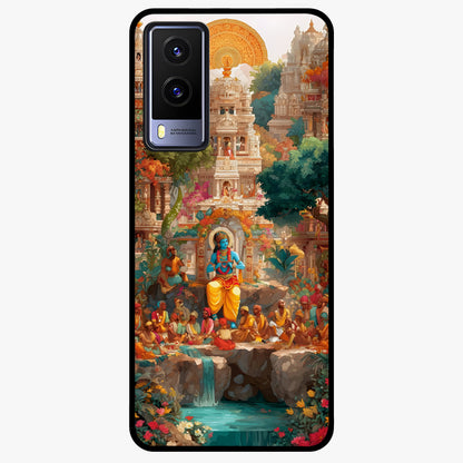 Sacred Sunlight Gods Glass Case showing flat back view with divine sunlight themed artwork and glossy glass finish.