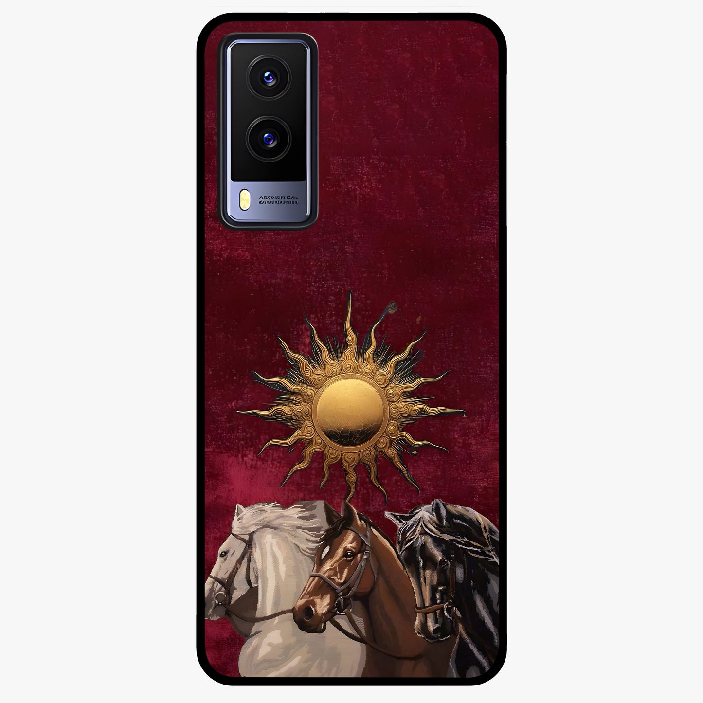 Solar Riders Glass Case showing flat back view with dynamic rider themed artwork and glossy glass finish.