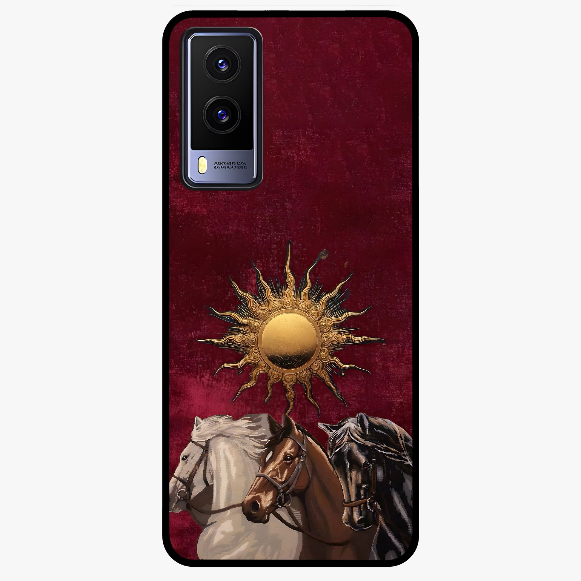 Solar Riders Glass Case showing flat back view with dynamic rider themed artwork and glossy glass finish.