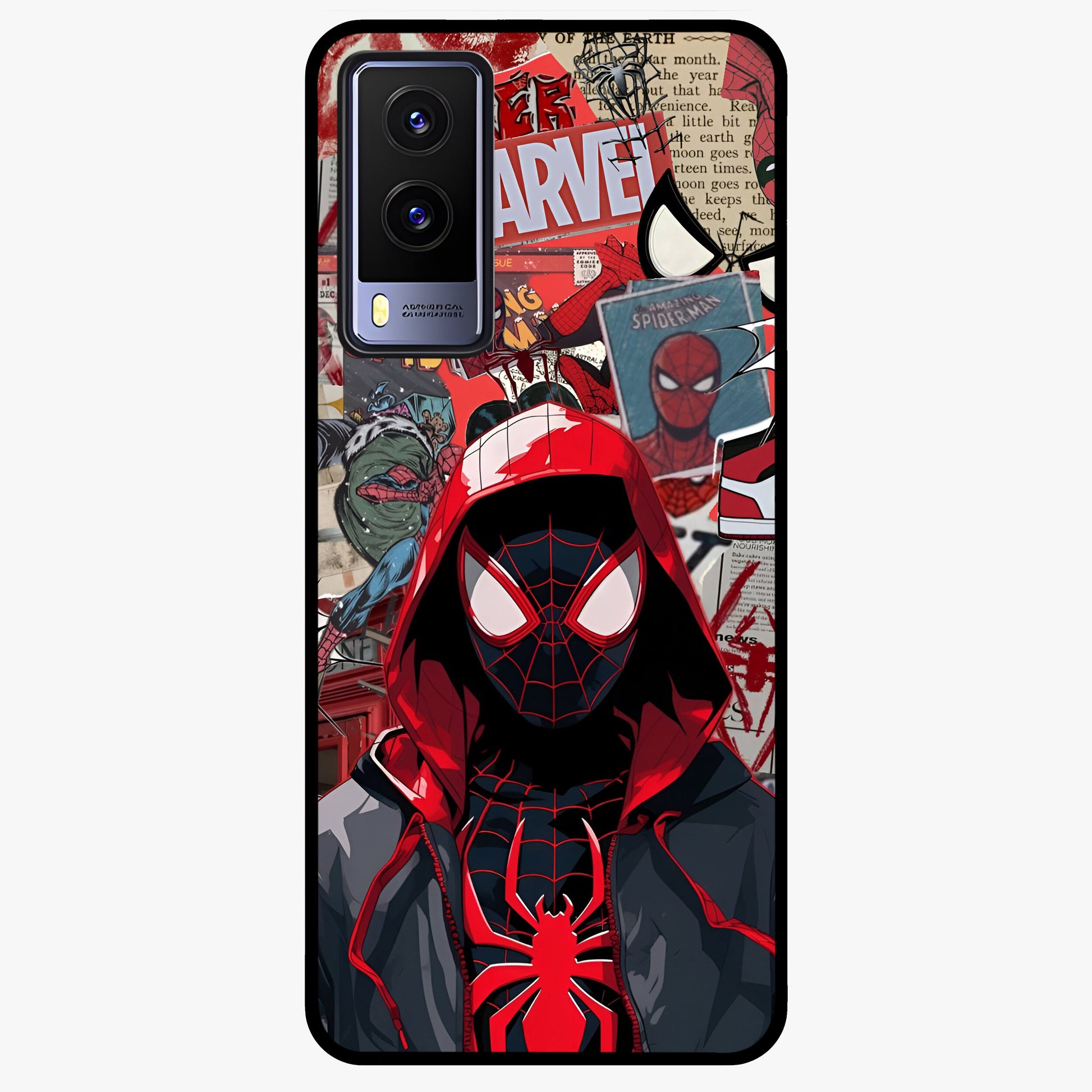 Spider Collage Street Glass Case showing flat back view with vibrant superhero collage artwork and glossy glass finish.