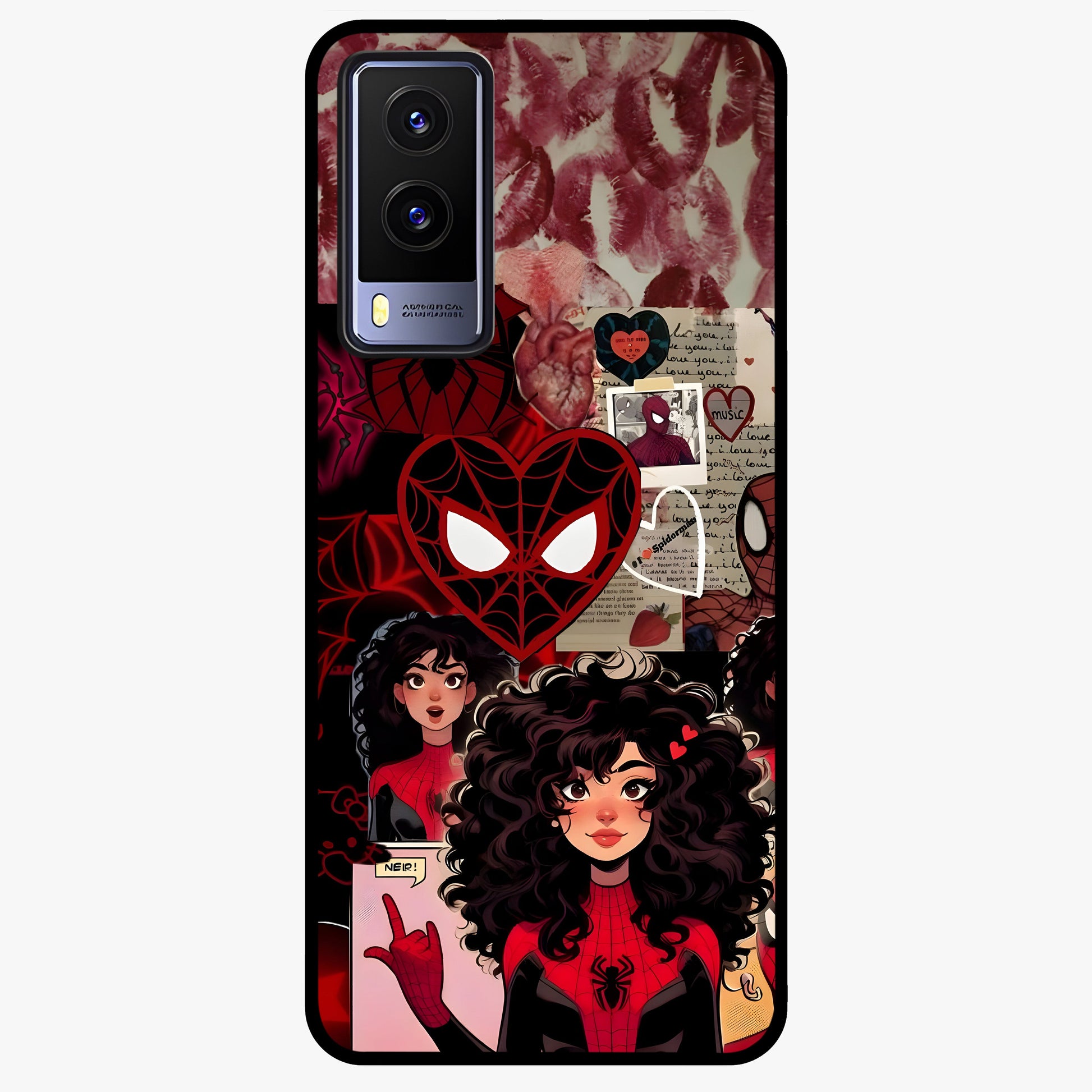 Spider Love Story Glass Case showing flat back view with romantic superhero themed artwork and glossy glass finish.