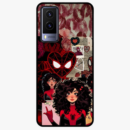 Spider Love Story Glass Case showing flat back view with romantic superhero themed artwork and glossy glass finish.