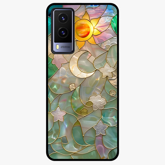 Stained Sunrise Glow Glass Case showing flat back view with glowing sunrise stained pattern artwork and glossy glass finish.