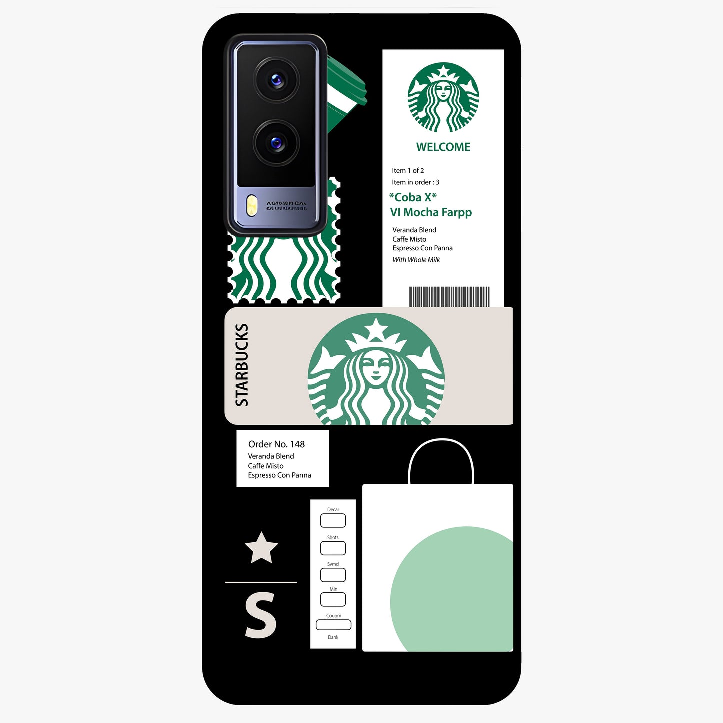 Starbucks Mocha Glass Case showing flat back view with coffee inspired artwork and glossy glass finish.