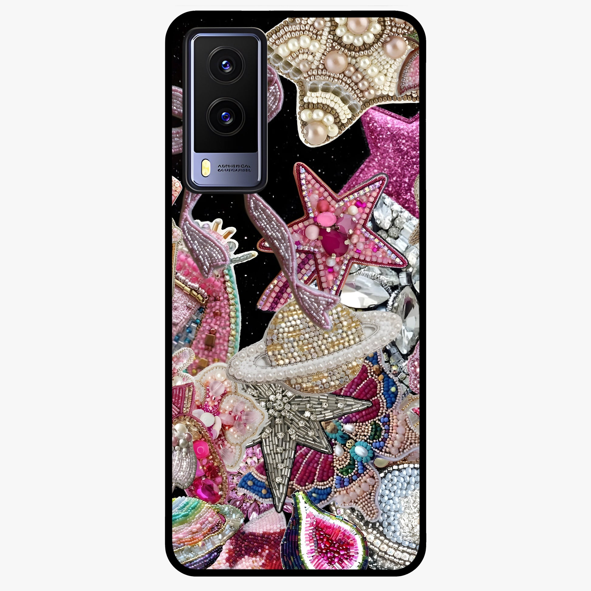 Starlit Jewel Dream Glass Case showing flat back view with sparkling jewel and star themed artwork and glossy glass finish.