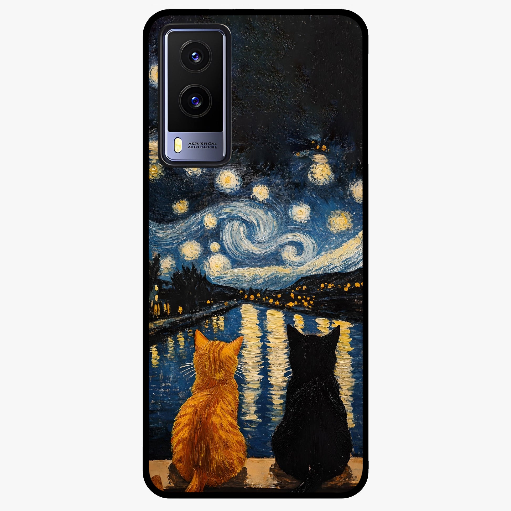 Starry River Cats Glass Case showing flat back view with cats by a starry river artwork and glossy glass finish.