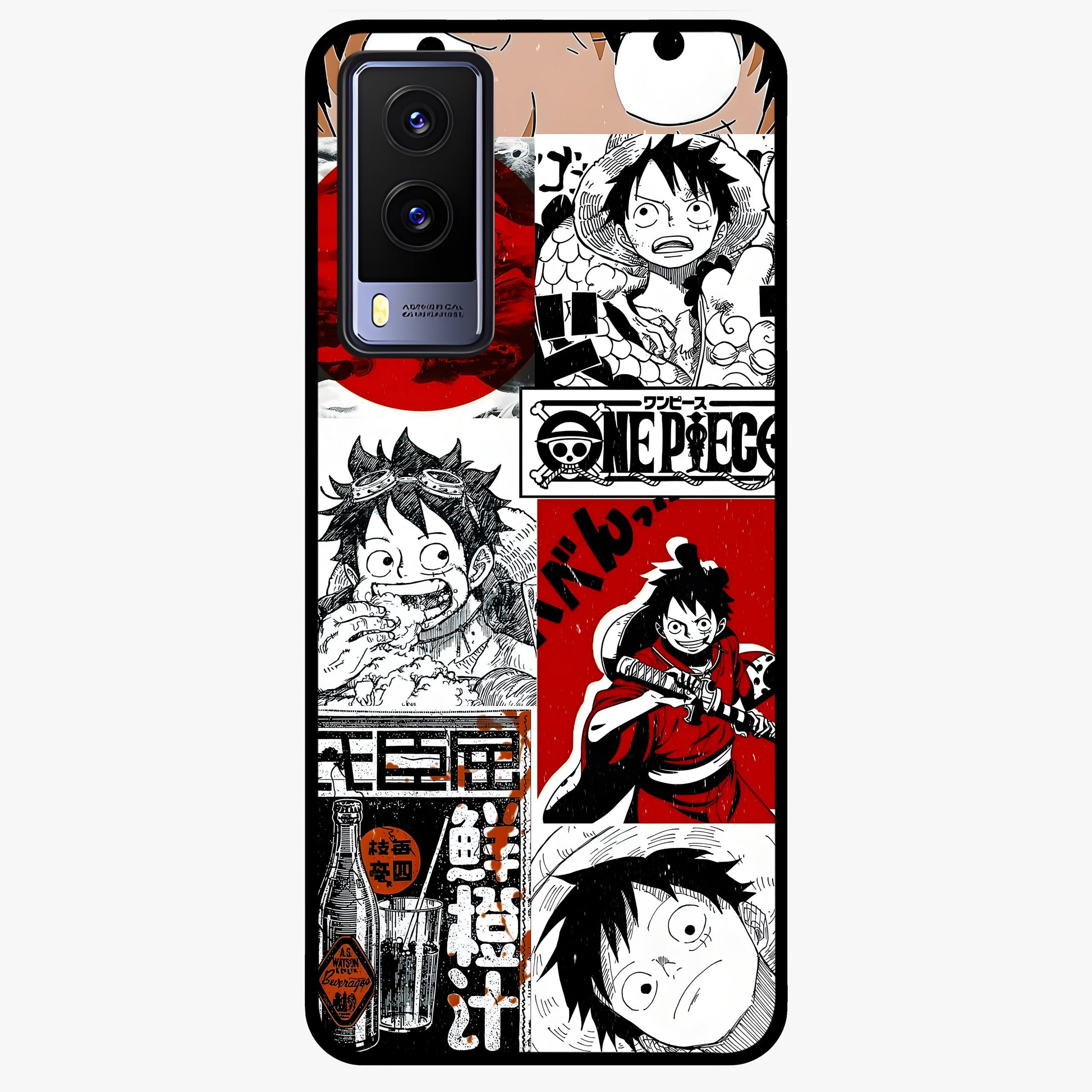 Strawhat Chaos Panels Glass Case showing flat back view with anime inspired chaos panel artwork and glossy glass finish.