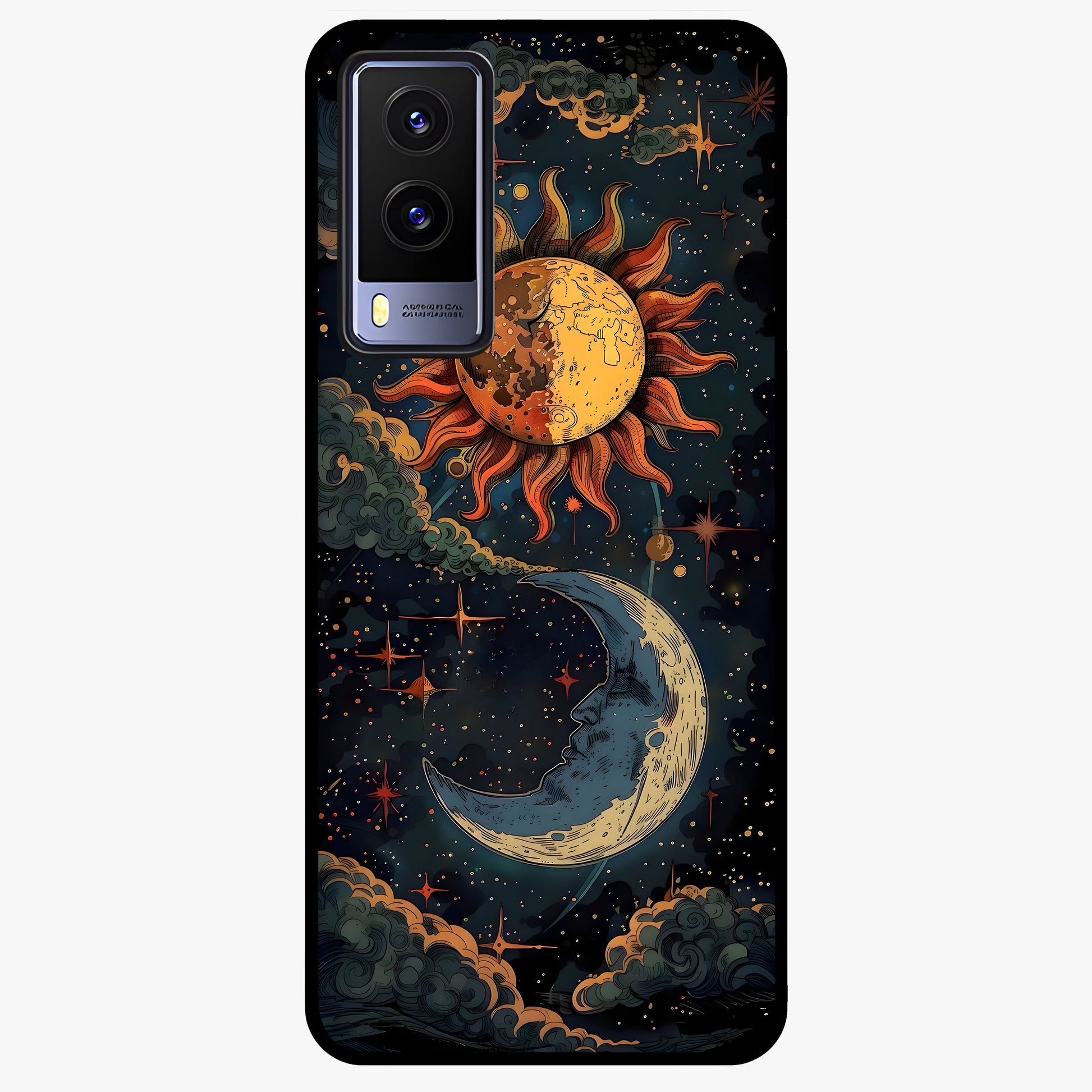 Sun And Moon Magic Design Glass Case showing flat back view with mystical sun and moon artwork and glossy glass finish.