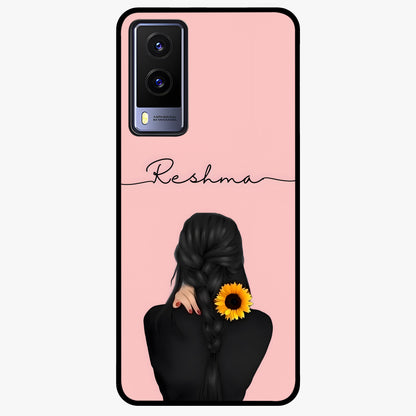 Sunflower Braid Beauty With Custom Name Glass Case showing flat back view with sunflower braid artwork and personalized name design.