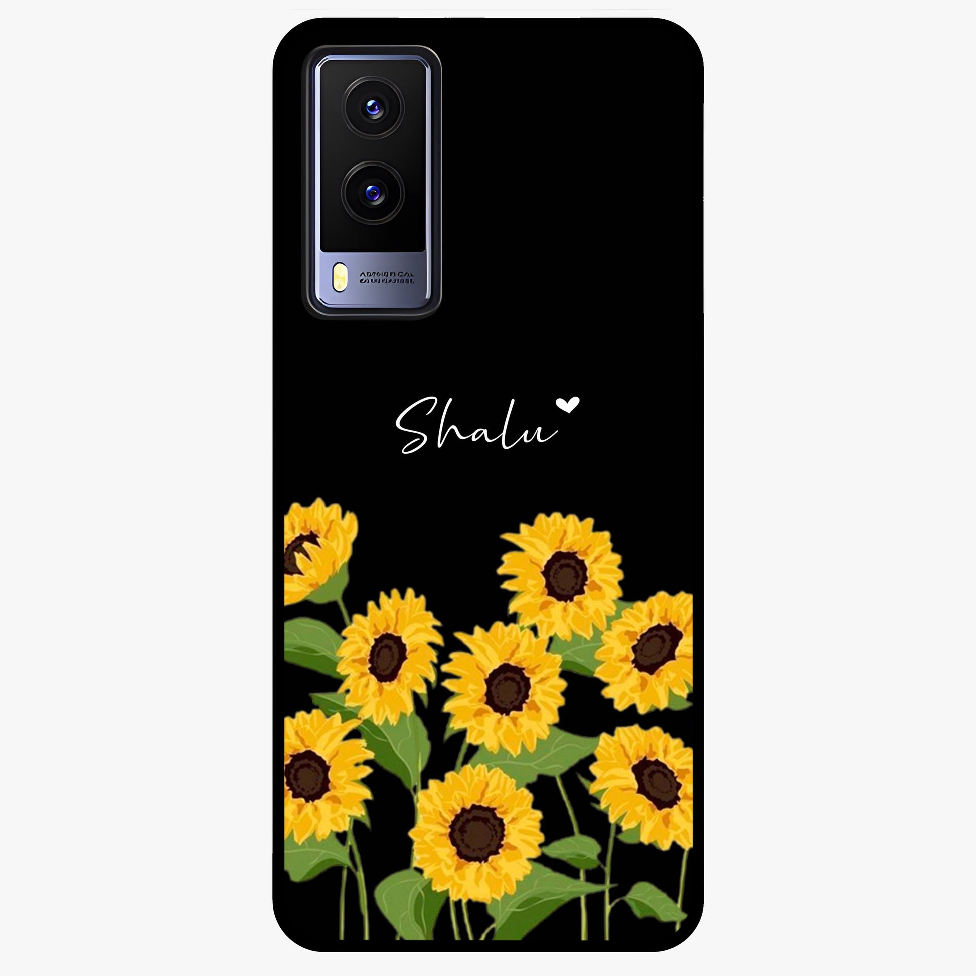 Sunflower Chic Mood Custom Name Glass Case showing flat back view with stylish sunflower artwork and personalized name design.