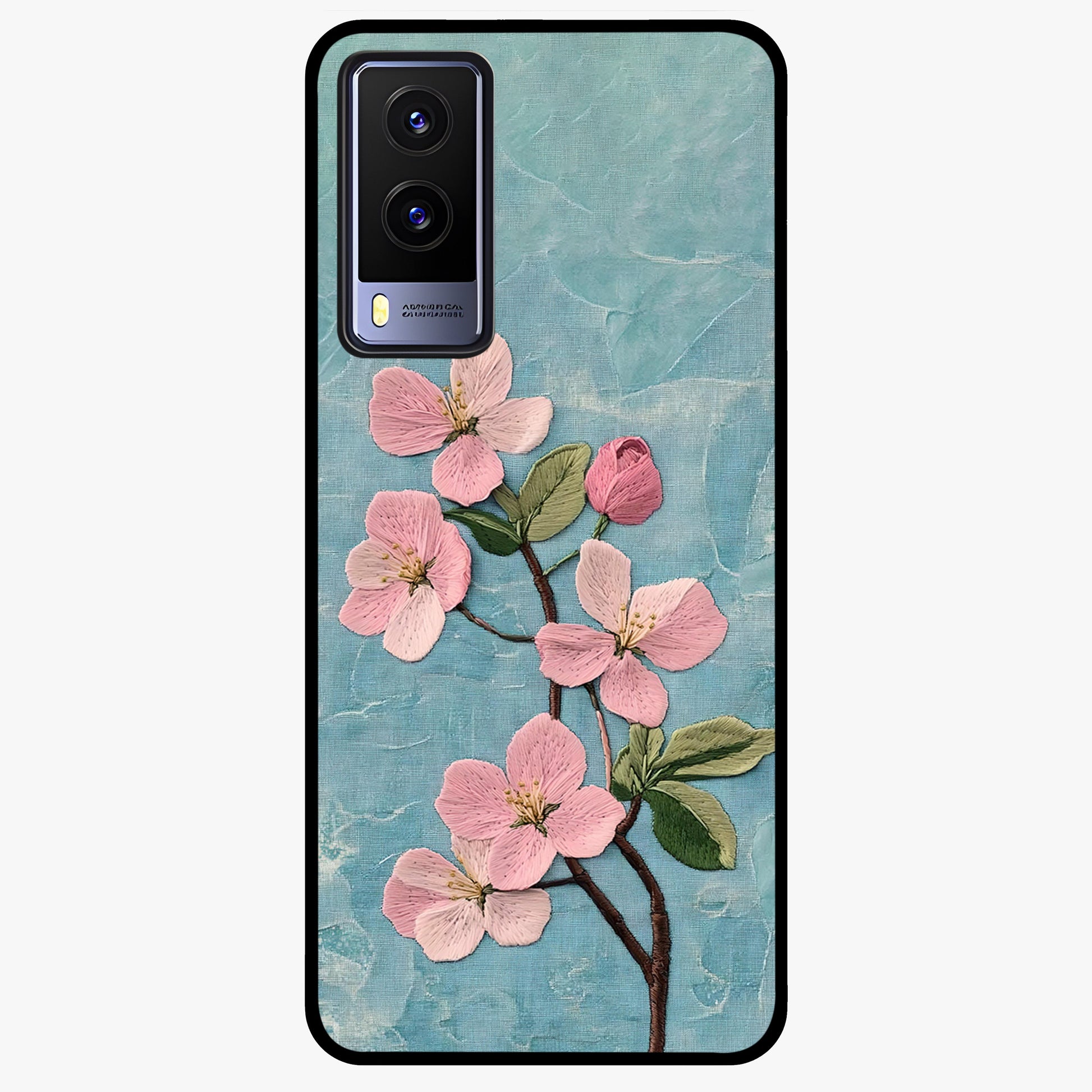 Threaded Blossom Breeze Glass Case showing flat back view with delicate blossom artwork and glossy glass finish.