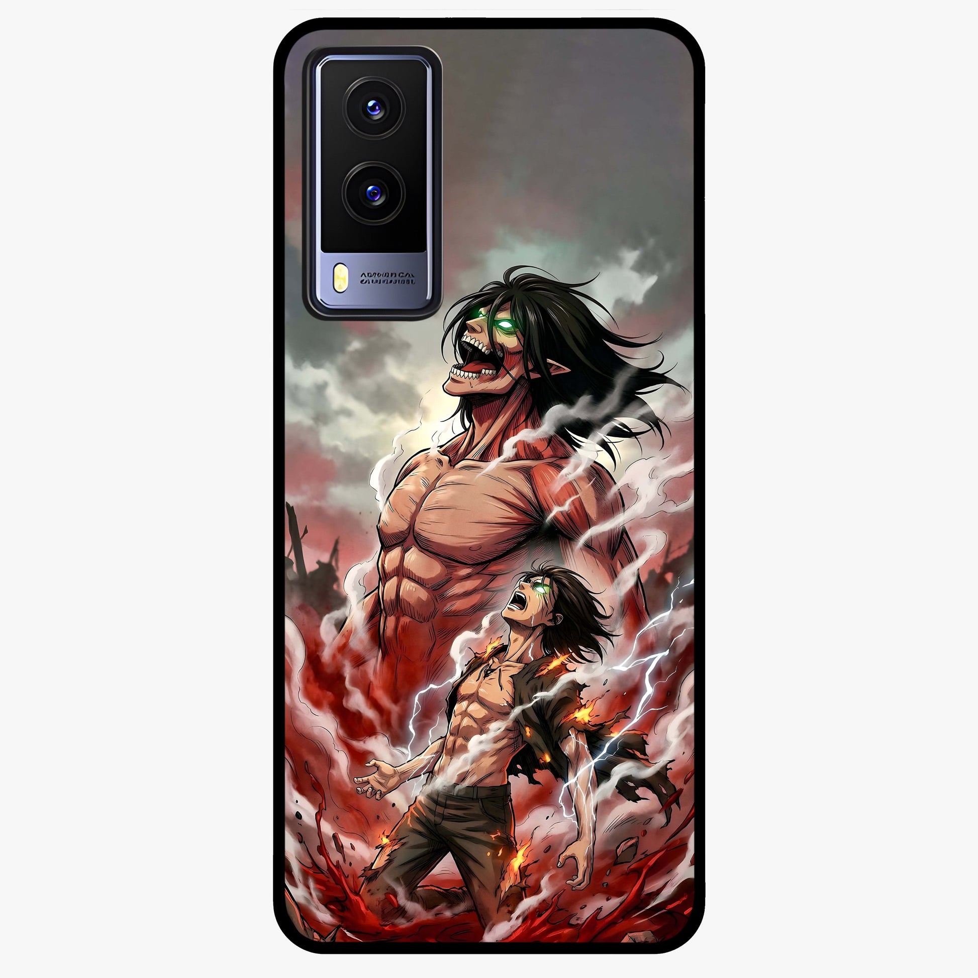 Titan Awakening Fury Glass Case showing flat back view with powerful titan inspired artwork and glossy glass finish.