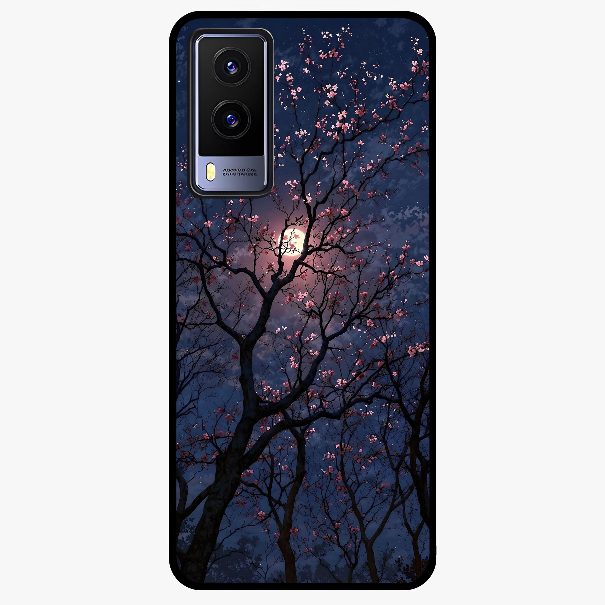 Twilight Sakura Serenade Glass Case showing flat back view with cherry blossom artwork at twilight and glossy glass finish.