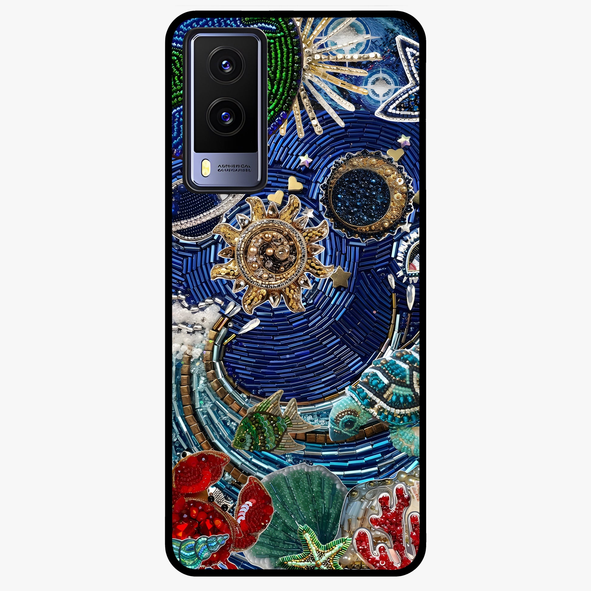 Universe Underwater Spark Glass Case showing flat back view with cosmic underwater themed artwork and glossy glass finish.
