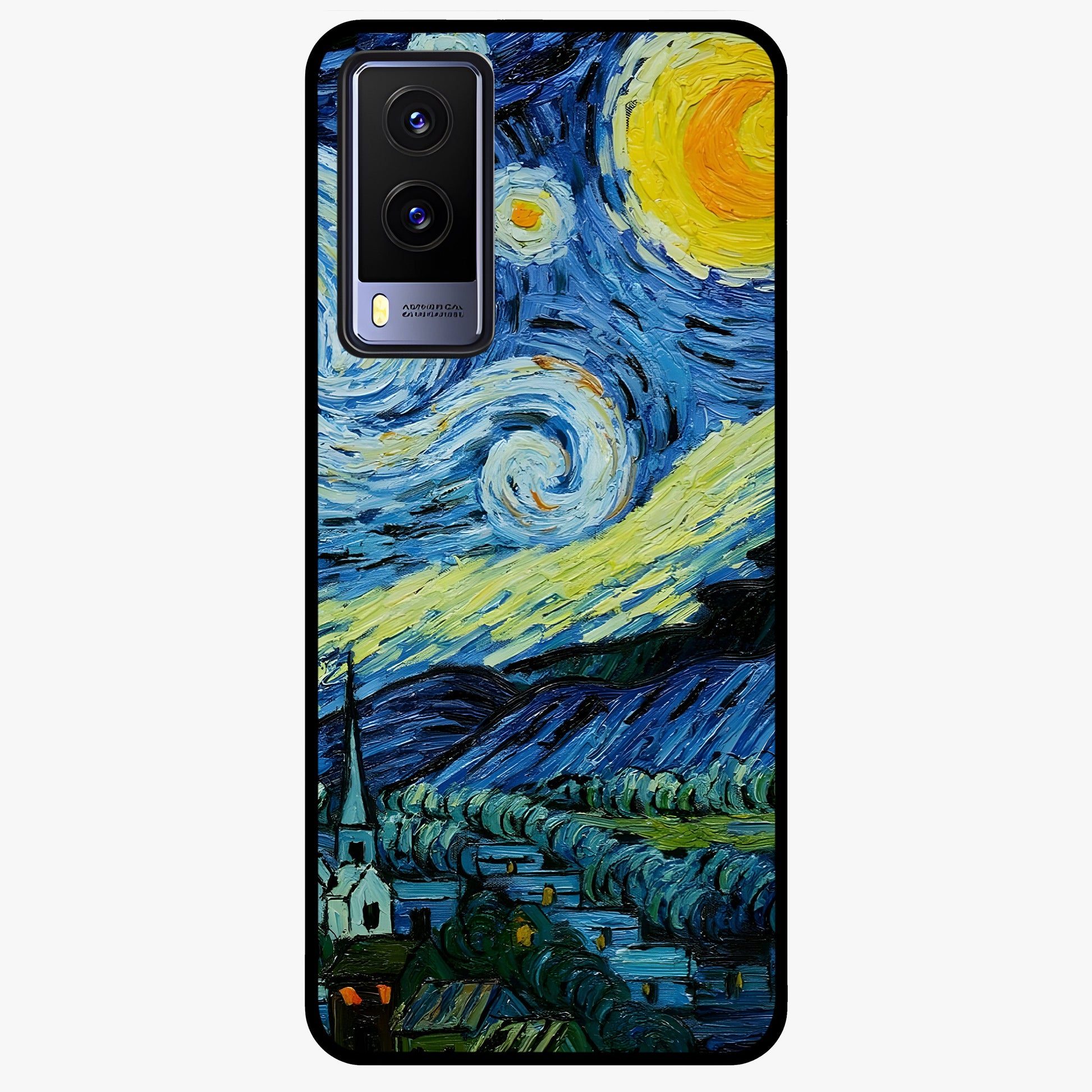 Van Gogh Art Glass Case showing flat back view with classic painterly artwork inspired by Van Gogh style and glossy glass finish.