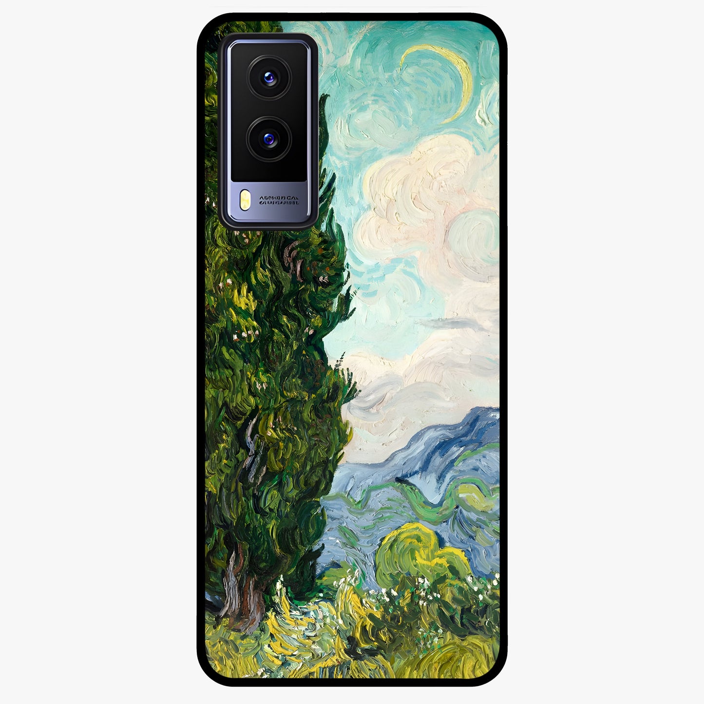 Van Gogh Vintage Art Glass Case showing flat back view with vintage painterly artwork inspired by Van Gogh style and glossy glass finish.