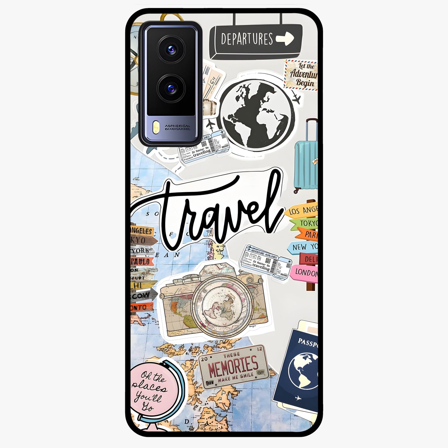 Wanderlust Journal Glass Case showing flat back view with travel inspired artwork and glossy glass finish.