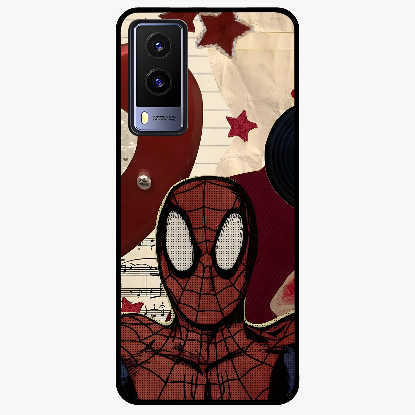 Web Warrior Vibes Glass Case showing flat back view with superhero inspired web themed artwork and glossy glass finish.