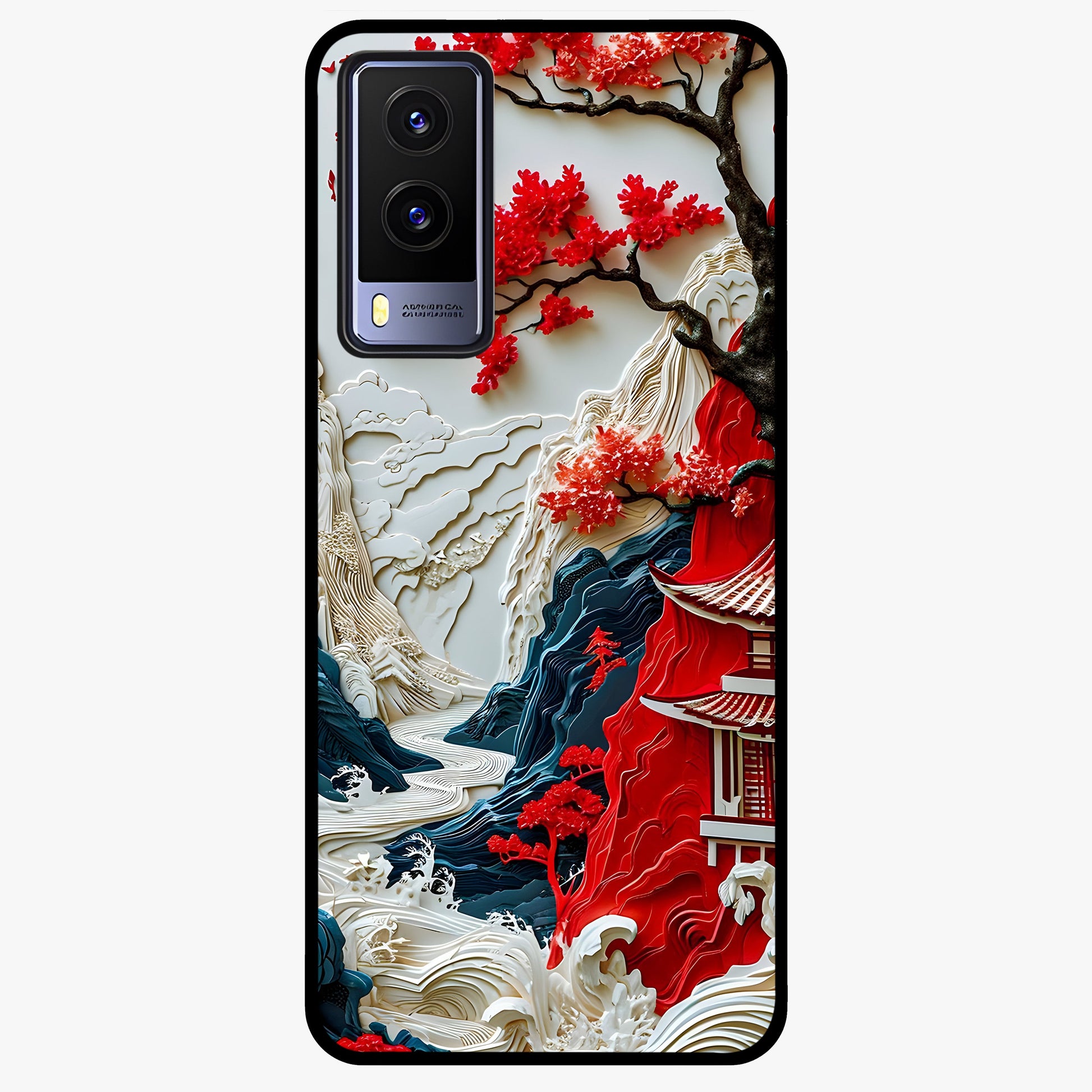 Whispers Of Sakura Waves Glass Case showing flat back view with cherry blossom wave artwork and glossy glass finish.