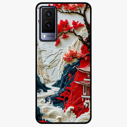 Whispers Of Sakura Waves Glass Case showing flat back view with cherry blossom wave artwork and glossy glass finish.