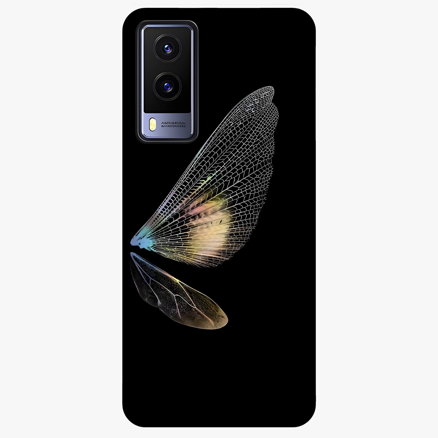 Whispers Of Wings Glass Case showing flat back view with graceful wing inspired artwork and glossy glass finish.
